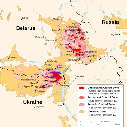 A map showing cesium-137 contamination in Belarus, Russia, and Ukraine.