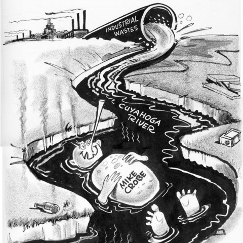 A 1964 editorial cartoon about Cuyahoga River industrial pollution.
