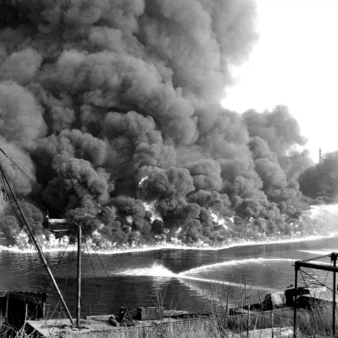 A 1952 fire on the Cuyahoga River in Cleveland, Ohio.