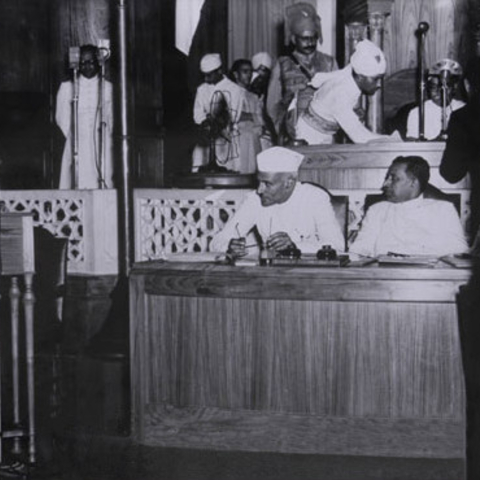 Jawaharlal Nehru speaks to the Constituent Assembly in New Delhi.