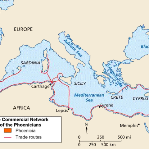 A map of Phoenician trade routes prior to the third century BCE.