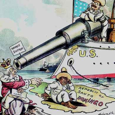 Political cartoon showing the deployment of U.S. military might.