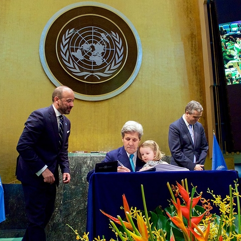 U.S. Secretary of State John Kerry signs the Paris Agreement on behalf of the United States.