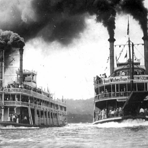 A 1930 race on the Ohio River between two steamboats.