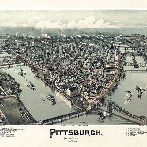 A 1902 lithograph shows the joining of the Alleghany River with the Monongahela River.