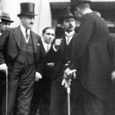 The Turkish delegation led by İsmet Pasha (İnönü) (center) and Rıza Nur (wearing a top hat on the left).