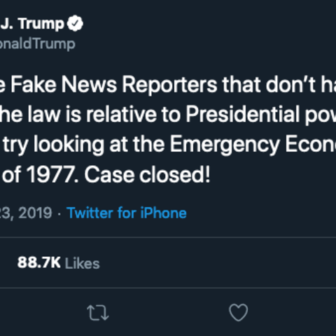 President Donald Trump’s August 2019 tweet about the International Economic Emergency Powers Act.
