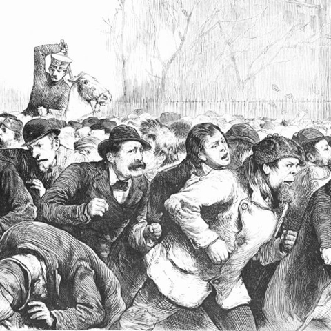 Illustration of New York City Police officers publicly beating the unemployed.