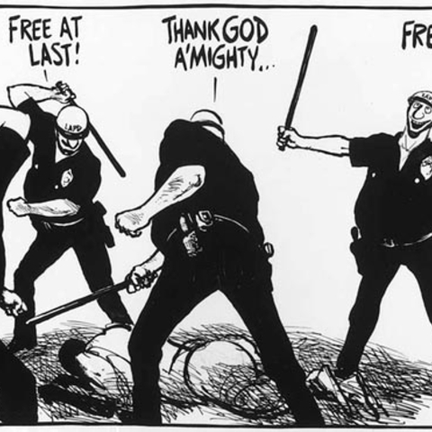 Editorial cartoonist Pat Oliphant used Martin Luther King, Jr.’s famous words in this darkly ironic illustration of the verdict’s injustice.