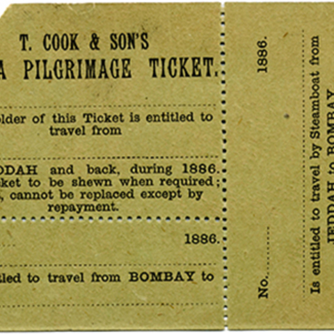 Ticket issued to pilgrims from the British Raj for travel from Bombay to Jeddah.