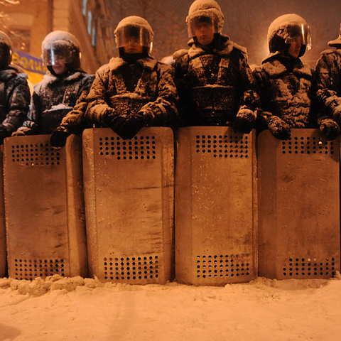 Riot police officers in Kyiv.
