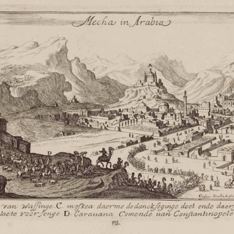 This Dutch engraving imagines the arrival of a hajj caravan from Istanbul to Mecca.