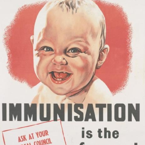 British poster created before 1945 promoted diphtheria vaccinations.