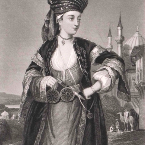Eighteenth-century engraving of Lady Mary Worley Montagu in Turkish attire.
