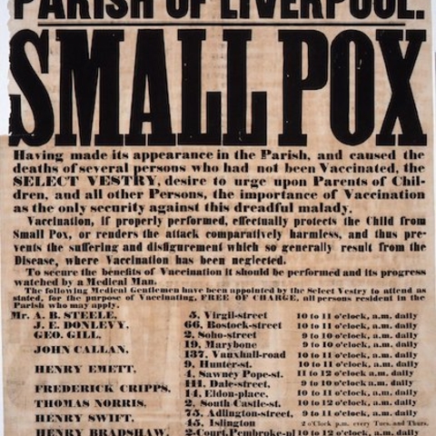 British poster urges people to get free vaccinations at specific locations in Liverpool in 1851.