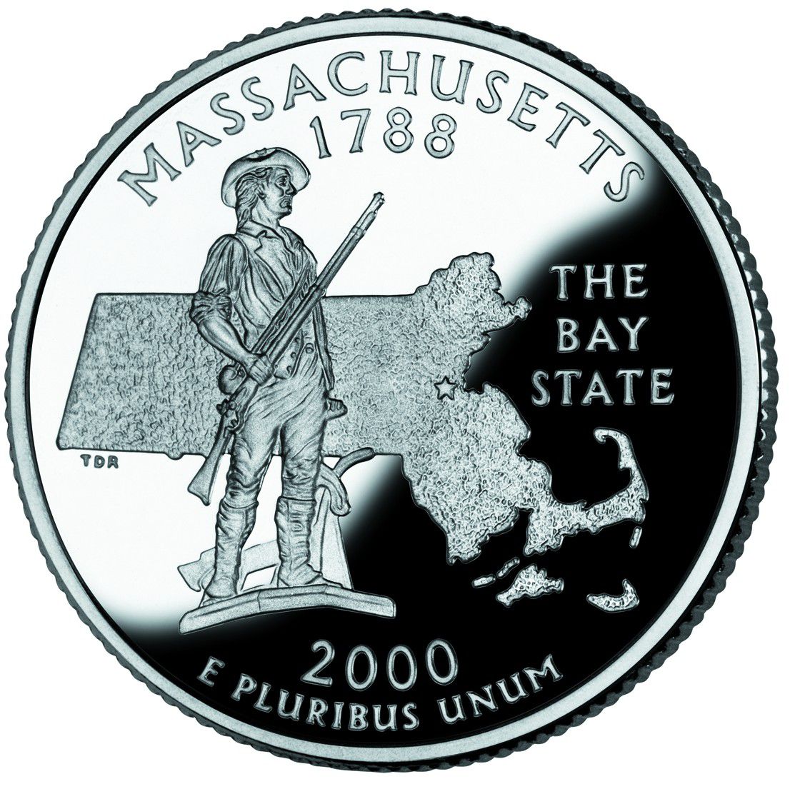 A minuteman statue depicted on the Massachusetts state quarter