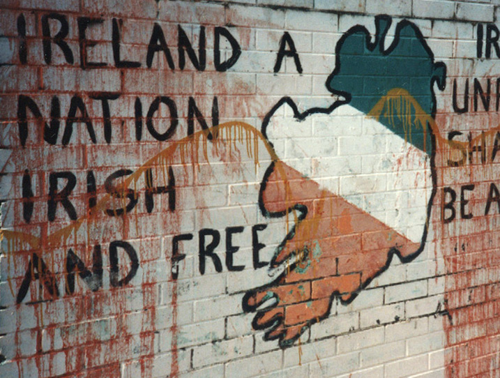 Graffiti reading "Ireland a Nation, Irish and Free"