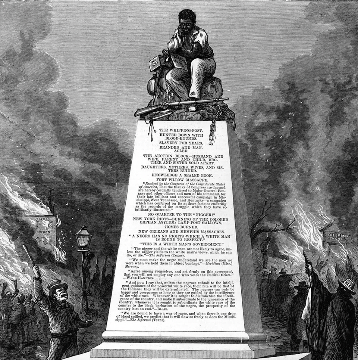 Thomas Nast's political cartoon, The Monument to Patience, depicts the horrors enacted on enslaved African Americans. 
