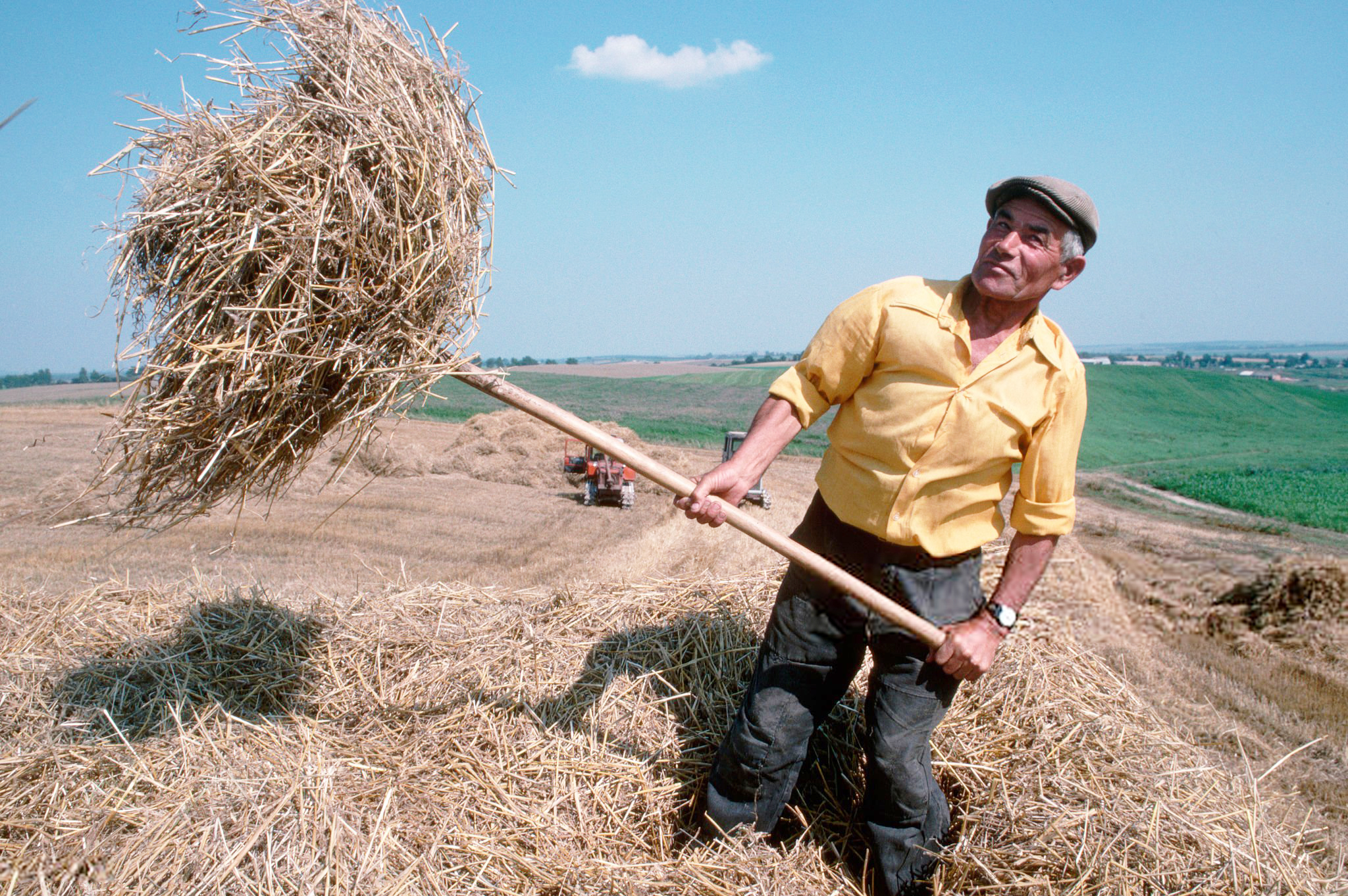 a man harvesting wheat - Lviv, Ukraine 1991 Wheat Harvest on Collective Farm 1991 by Manhhai, Flickr, cc-by 2.0