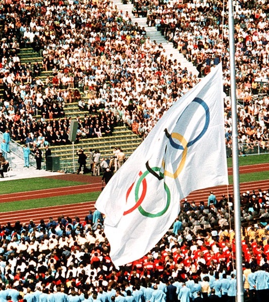 The Olympic flag flies at half-staff during a memorial service to the slain Israeli athletes on September 6, 1972.