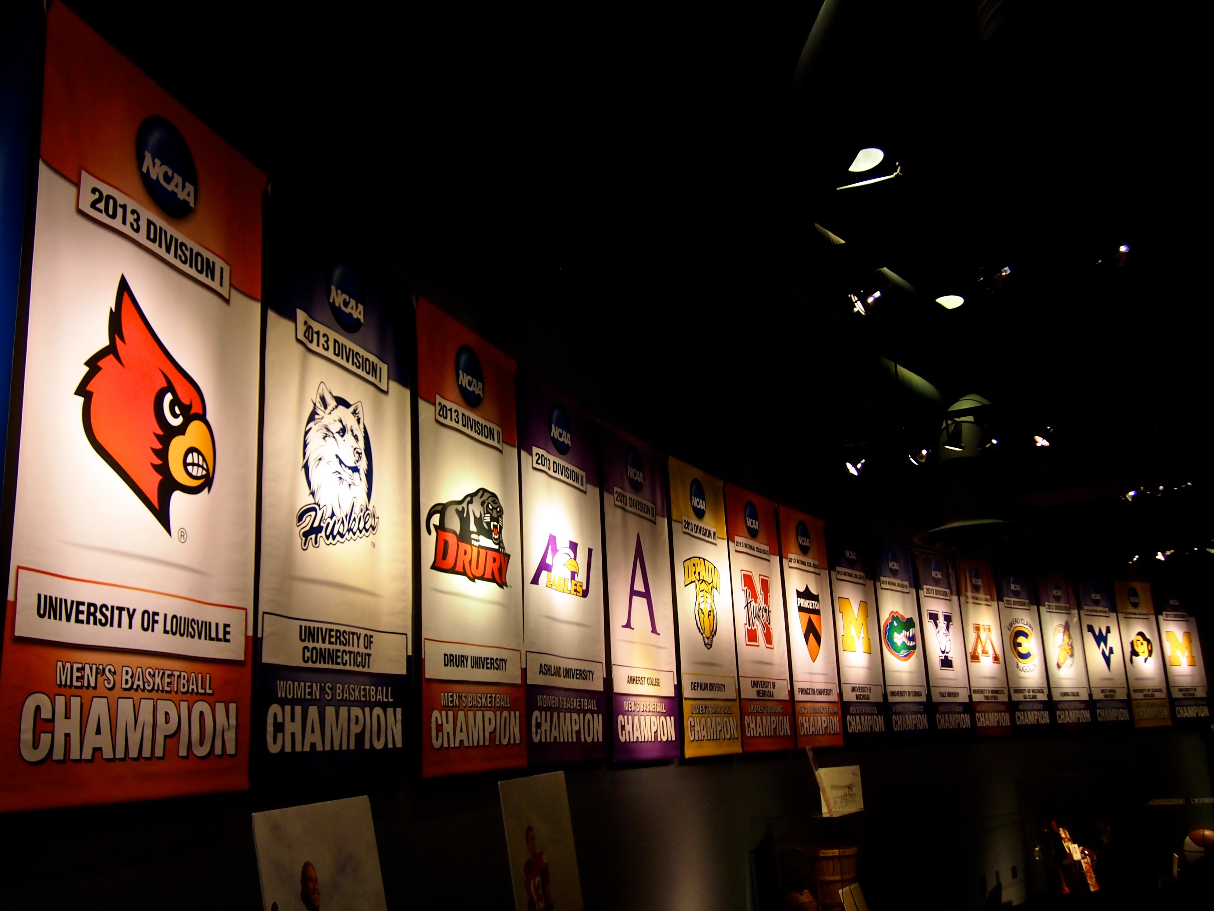 NCAA Basketball championship banners.