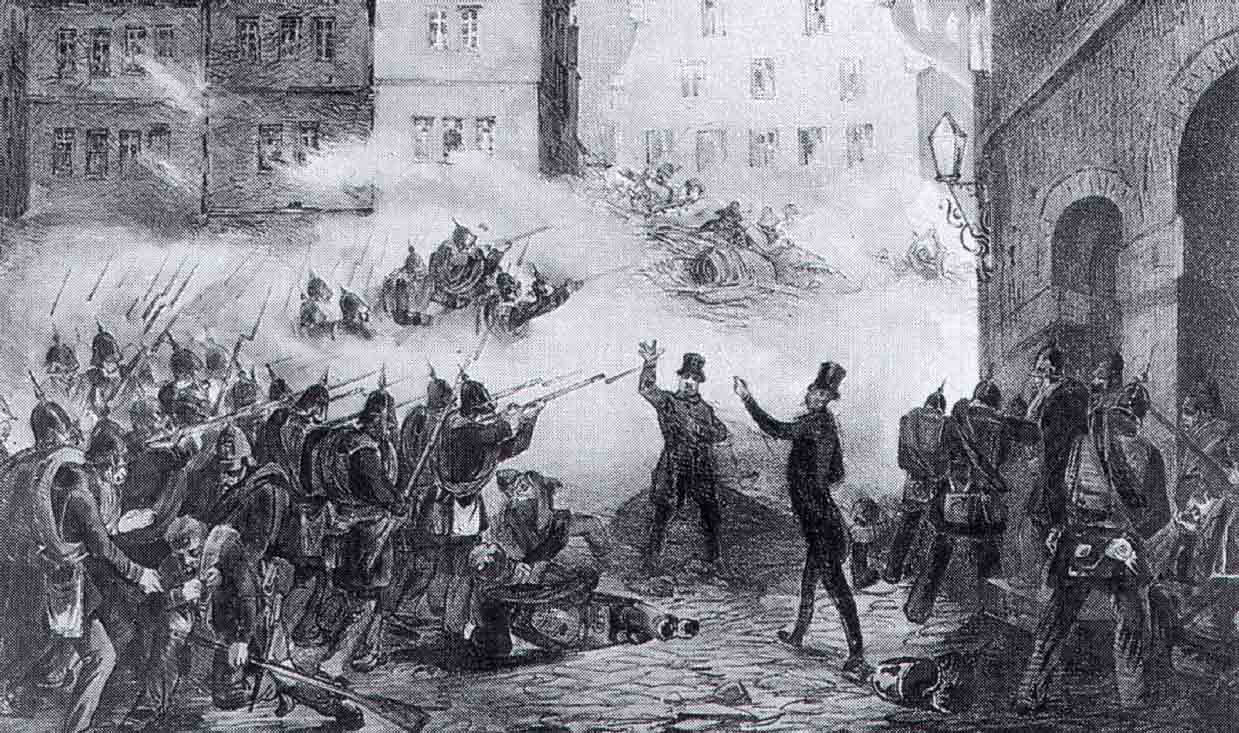 Soldiers aiming guns at two men in May 1848 in Dresden