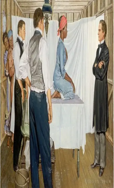 Three white men standing around a table atop of which a black woman kneels