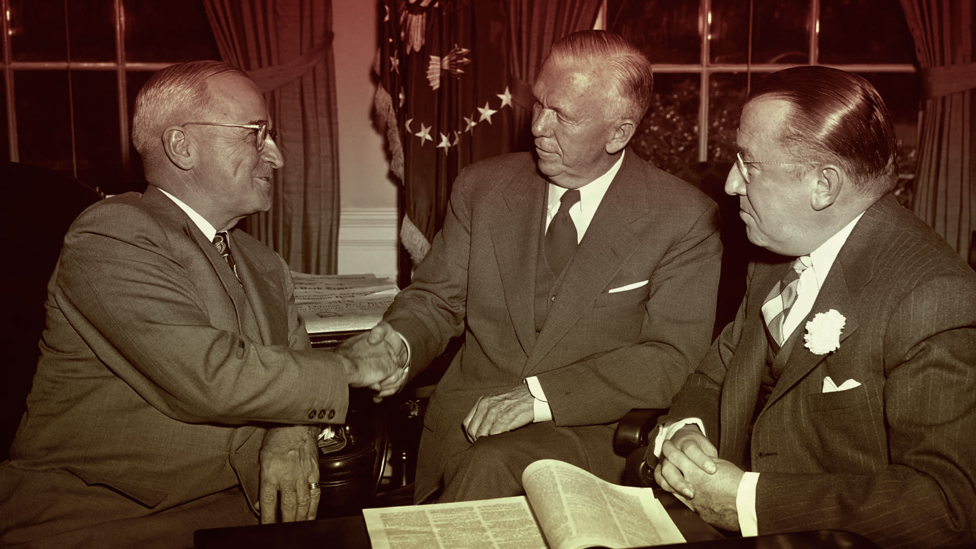 resident Harry Truman, left, congratulates Gen. George Marshall (architect of the Marshall Plan) , Fair Use via AP