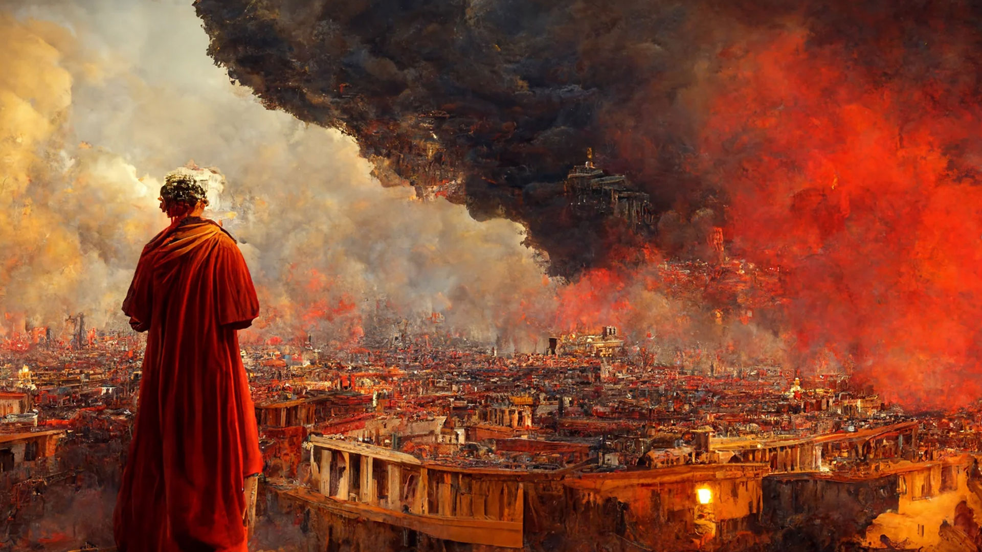 Nero looking over the ancient city of Rome as it burns