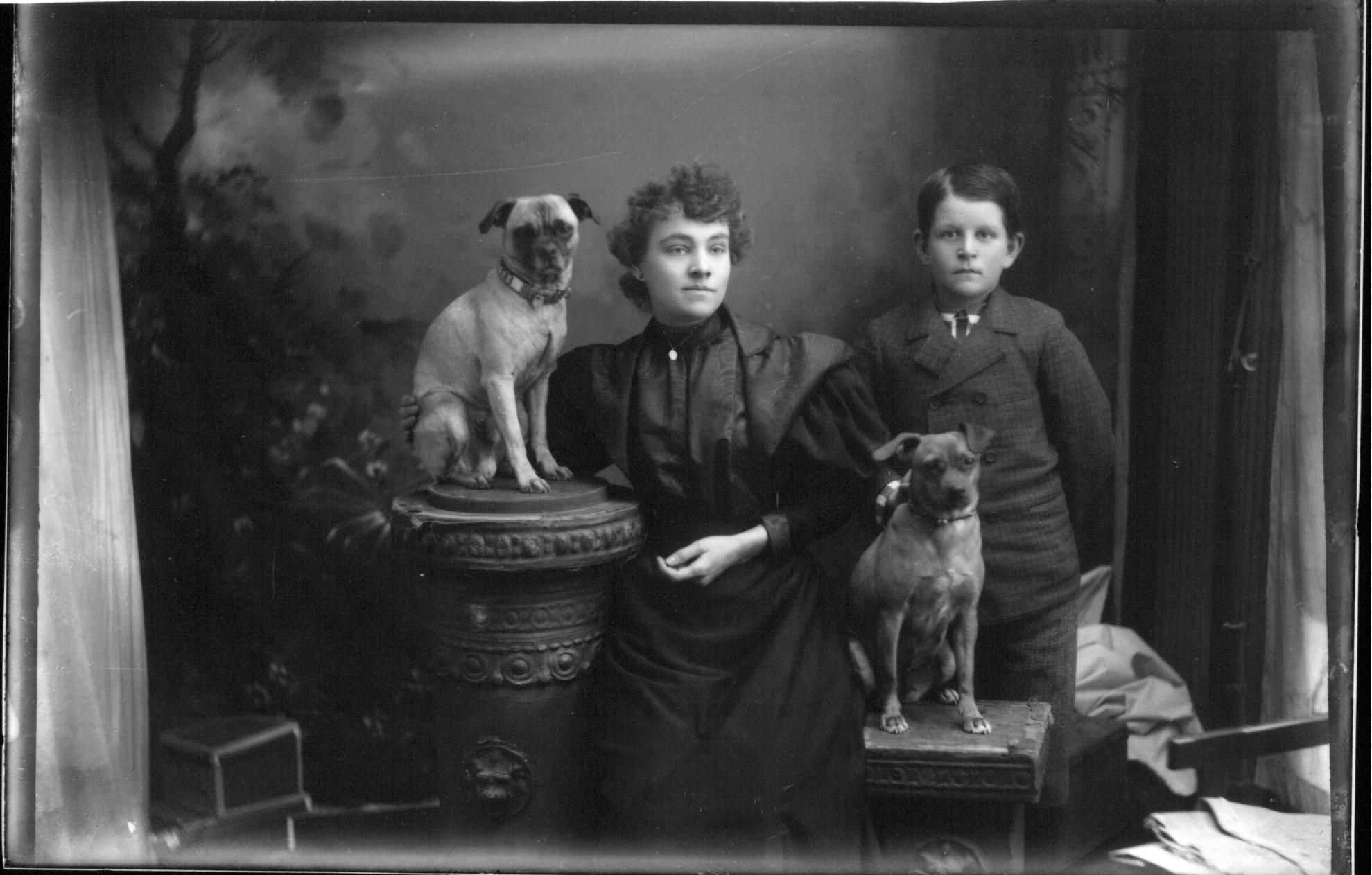 Portrait photograph of woman, boy and two dogs, ca. 1890s. 
