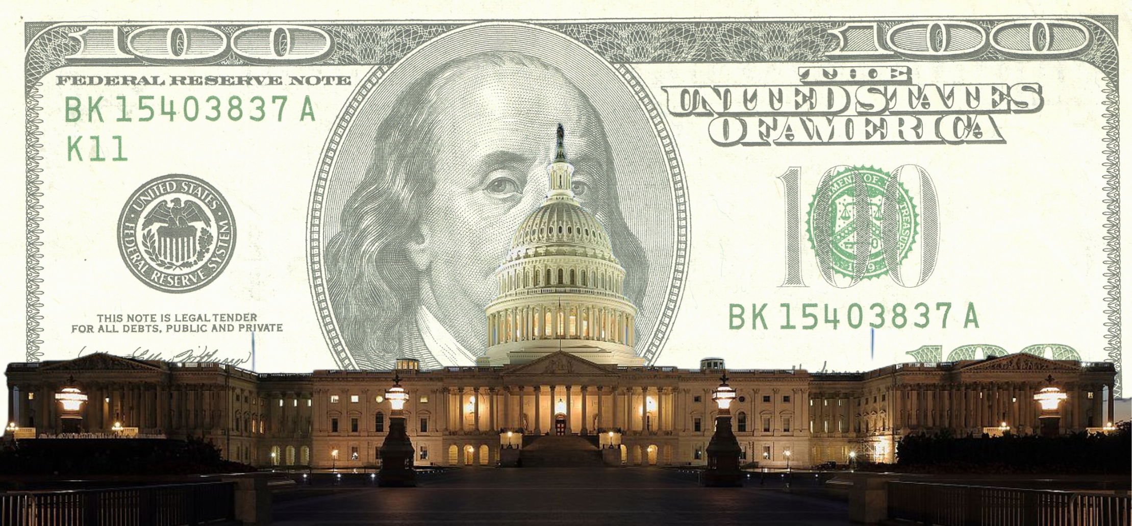 The U.S. Capitol building lit up at night in front of a one hundred U.S. dollar bill. 