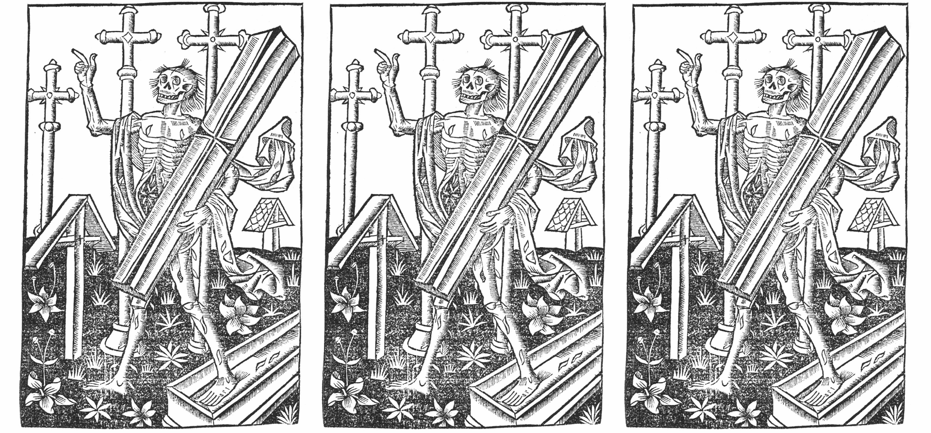 A corpse rising from its grave, a facsimile of an illustration in a 1600s book. The original is held by the Bavarian State Library.