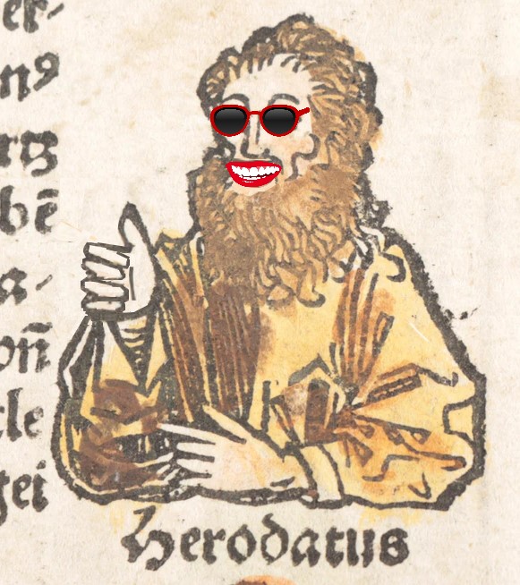 Herodotus wearing subnglasses and smiling giving a thumbs up 