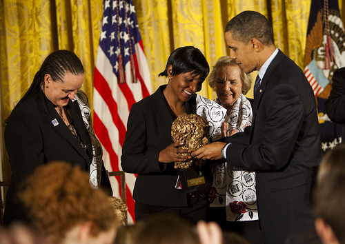 Jenni Williams (Left) and Magodonga Mahlangu (Center) of Women of Zimbabwe Arise (WOZA) receiving the Robert F. Kenndey Human Rights Award from President Barack Obama in November 2009.