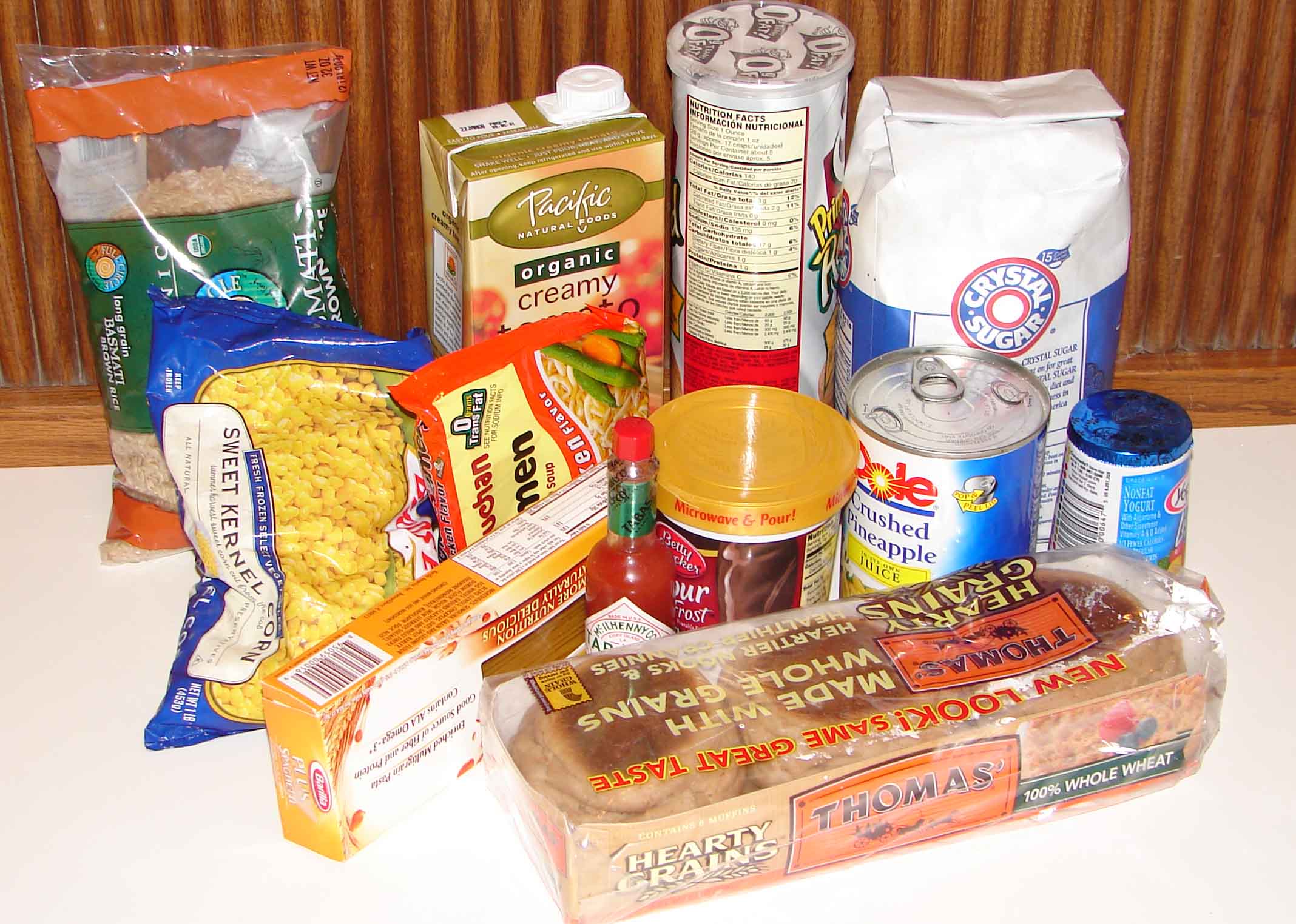 A collection of packaged food items.