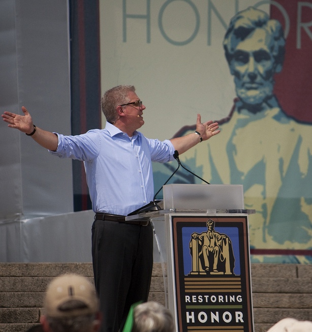 Fox News commentator and Tea Party favorite Glenn Beck addresses supporters at his "Restoring Honor" rally in Washington, D.C. on August 28, 2010.