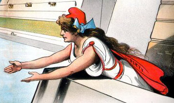 In this detail from a political cartoon, a caring woman whose garment reads 'liberty' symbolizes this humanitarian impulse.