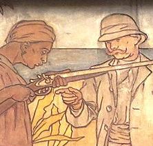 This detail from an early-20th-century image over the entrance to an arms factory in Belgium depicts a European arms manufacturer selling a gun to a darker-skinned purchaser in an exotic setting.