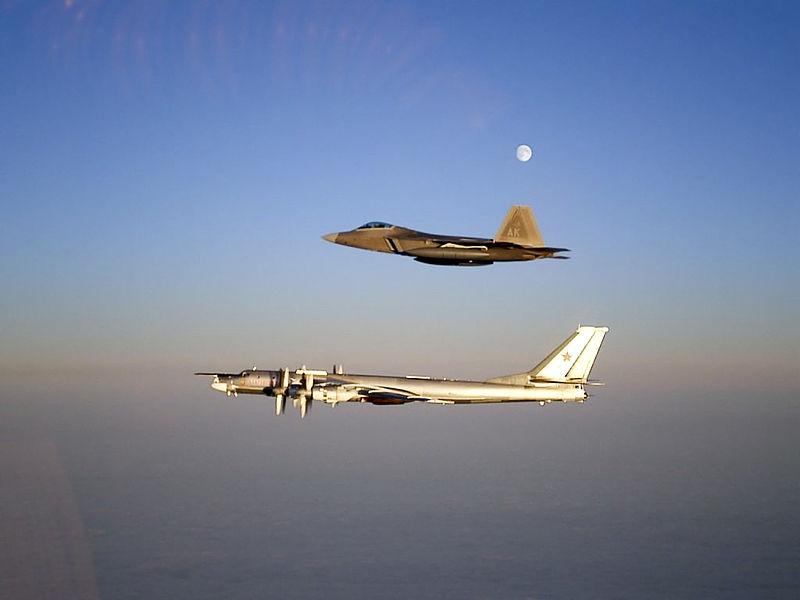 NATO and Russia in close proximity again. A U.S. F-22A Raptor accompanies a Russian Tu-95 near the Alaskan NORAD Region airspace, 2007.
