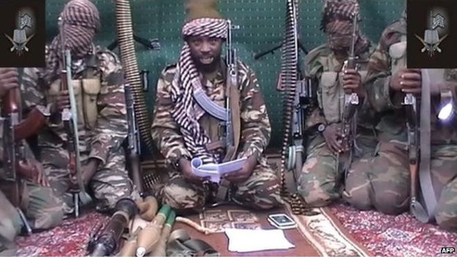 Abubakar Shekau with other Boko Haram fighters.