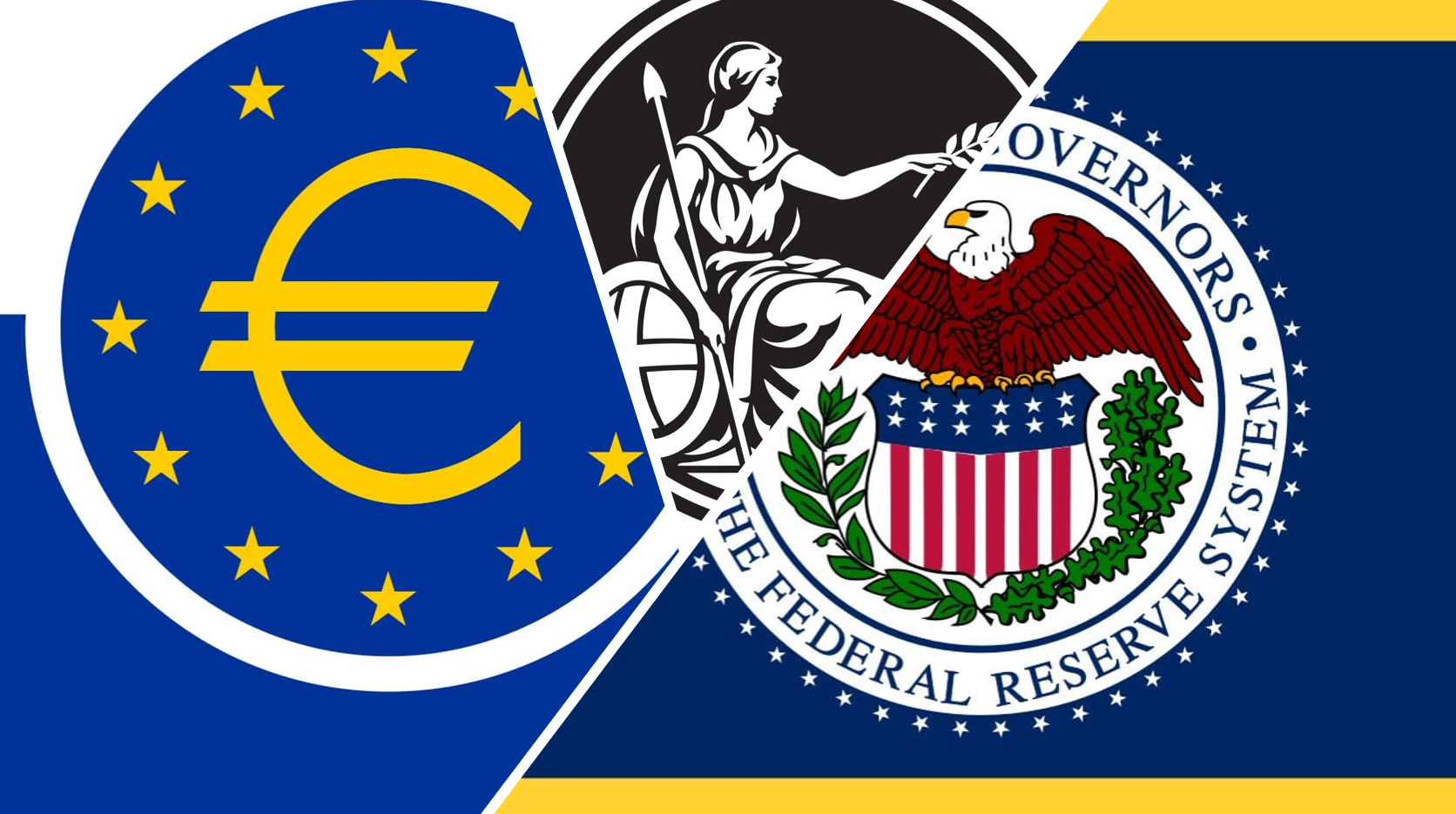 The flags or seals of three central banks.