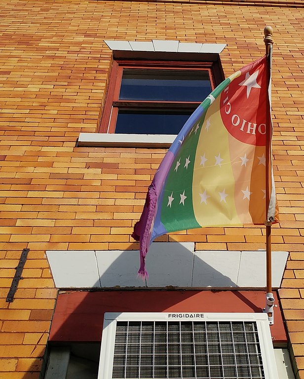 A rainbow version of the Ohio City neighborhood flag.