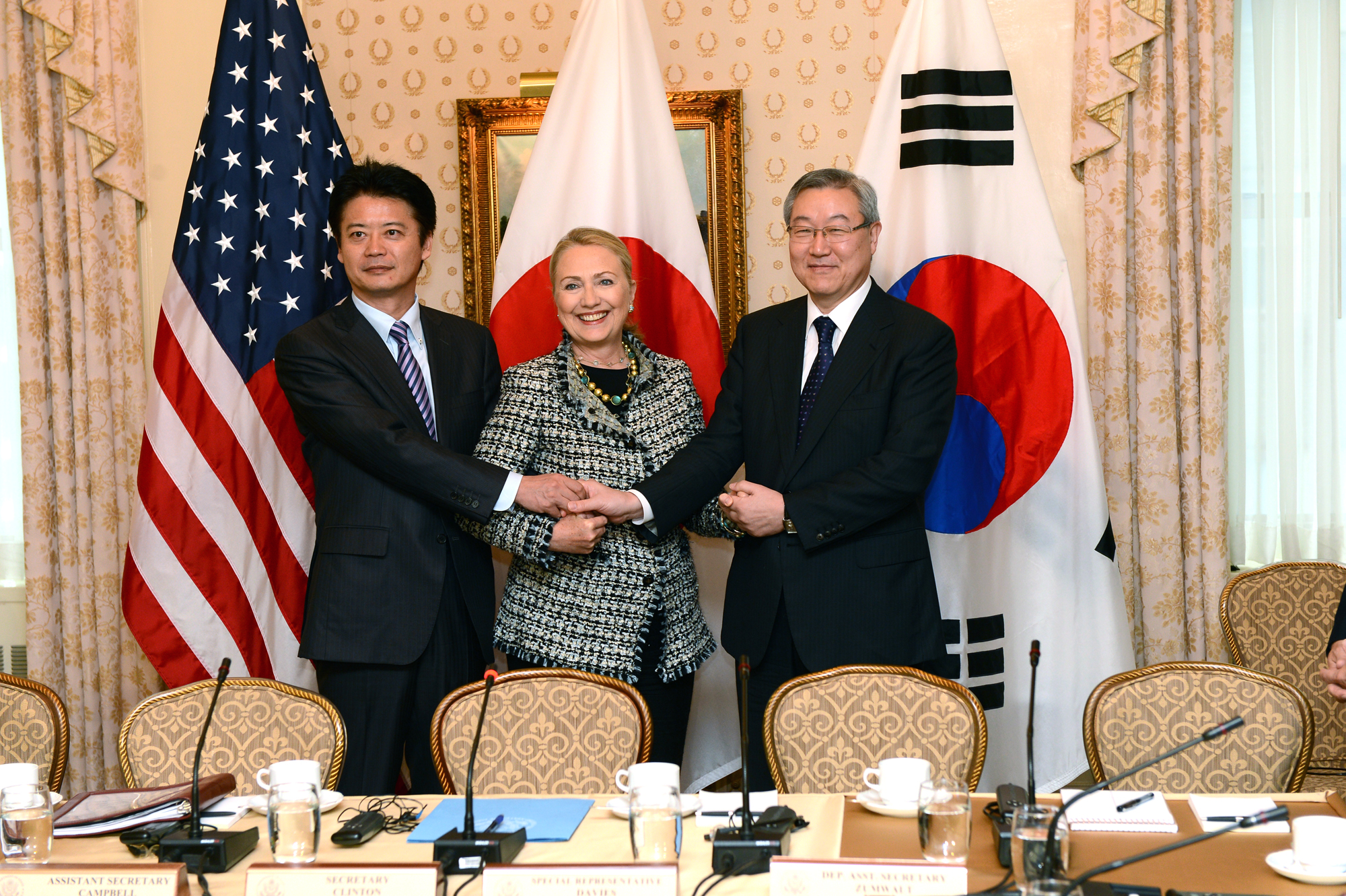 U.S. Secretary of State Hillary Rodham Clinton meets with Japanese Foreign Minister Koichiro Gemba and Korean Foreign Minister Kim Sung-hwan.