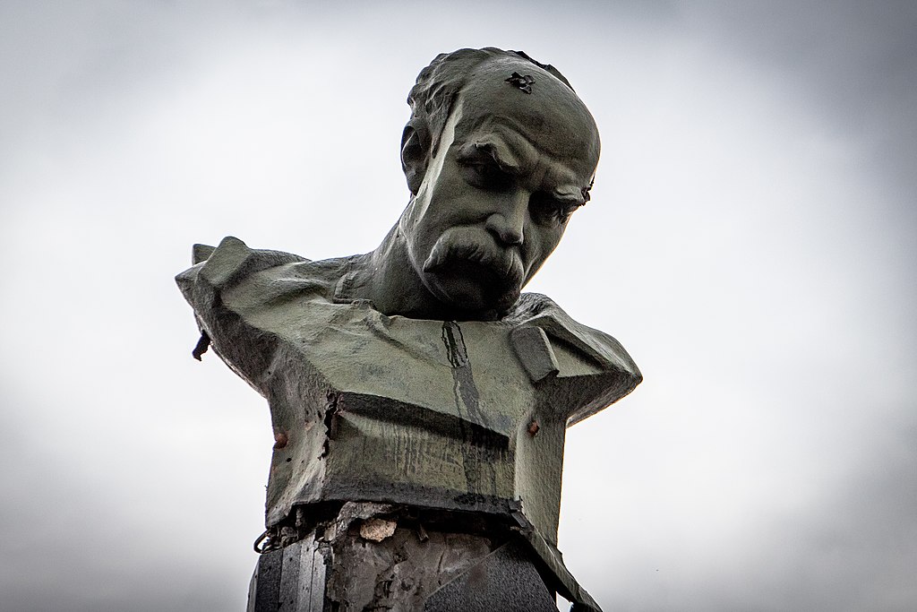 The Taras Shevchenko monument in Borodyanka, Ukraine damaged by the Russian attack, April, 2022.