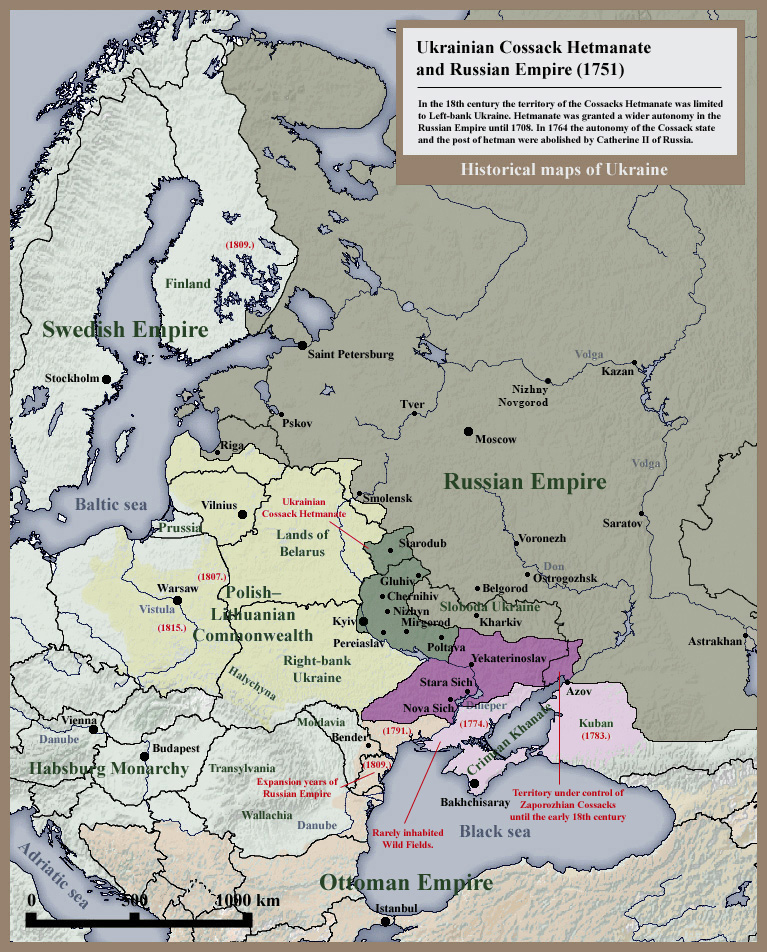 Map of Ukrainian Cossack Hetmanate and territory of Zaporozhian Cossacks under rule of the Russian Empire (1751).