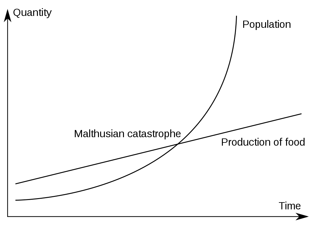 The Malthusian catastrophe simplistically illustrated. According to Malthus, as population increases exponentially and food production only linearly, humanity will reach a point where food supply is inadequate.