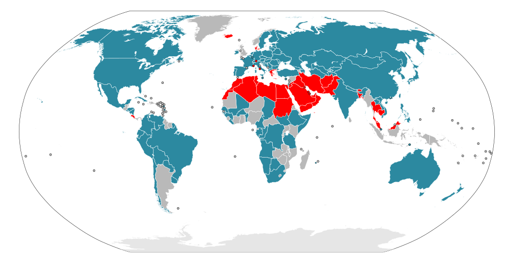 World map with secular states in blue and states with official religions in red