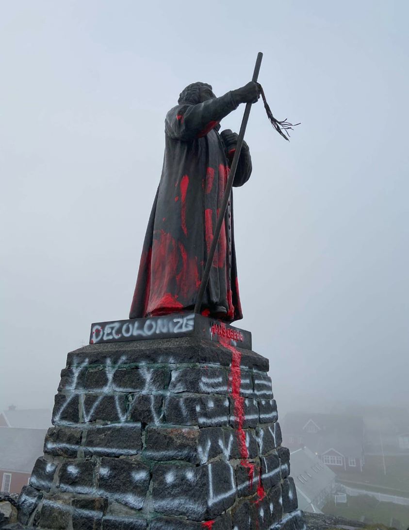 The defaced statue of Hans Egede, a 17th-century missionary, Nuuk, Greenland, 2020.