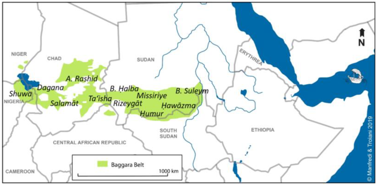 A map of the The Baggara Belt and its main tribes.