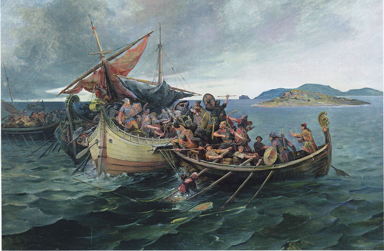 The Jomsvikings (small ship) are joining the Battle of Svolder by Nils Bergslien (1900)..